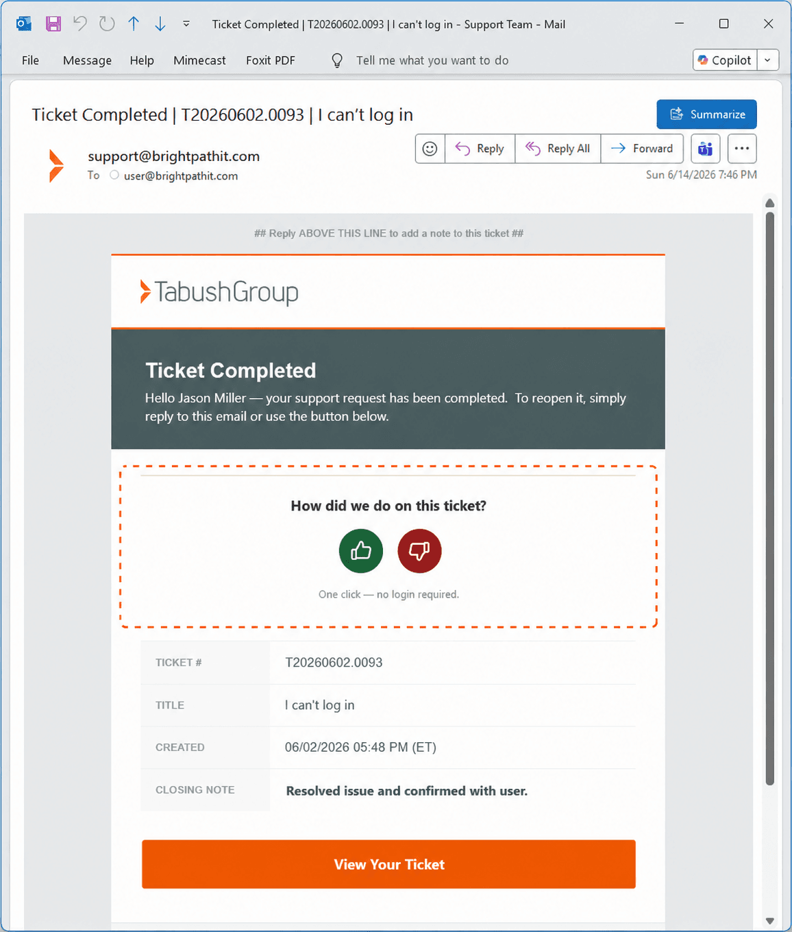 Redesigned Autotask ticket-close email template with branding and a one-click CSAT survey