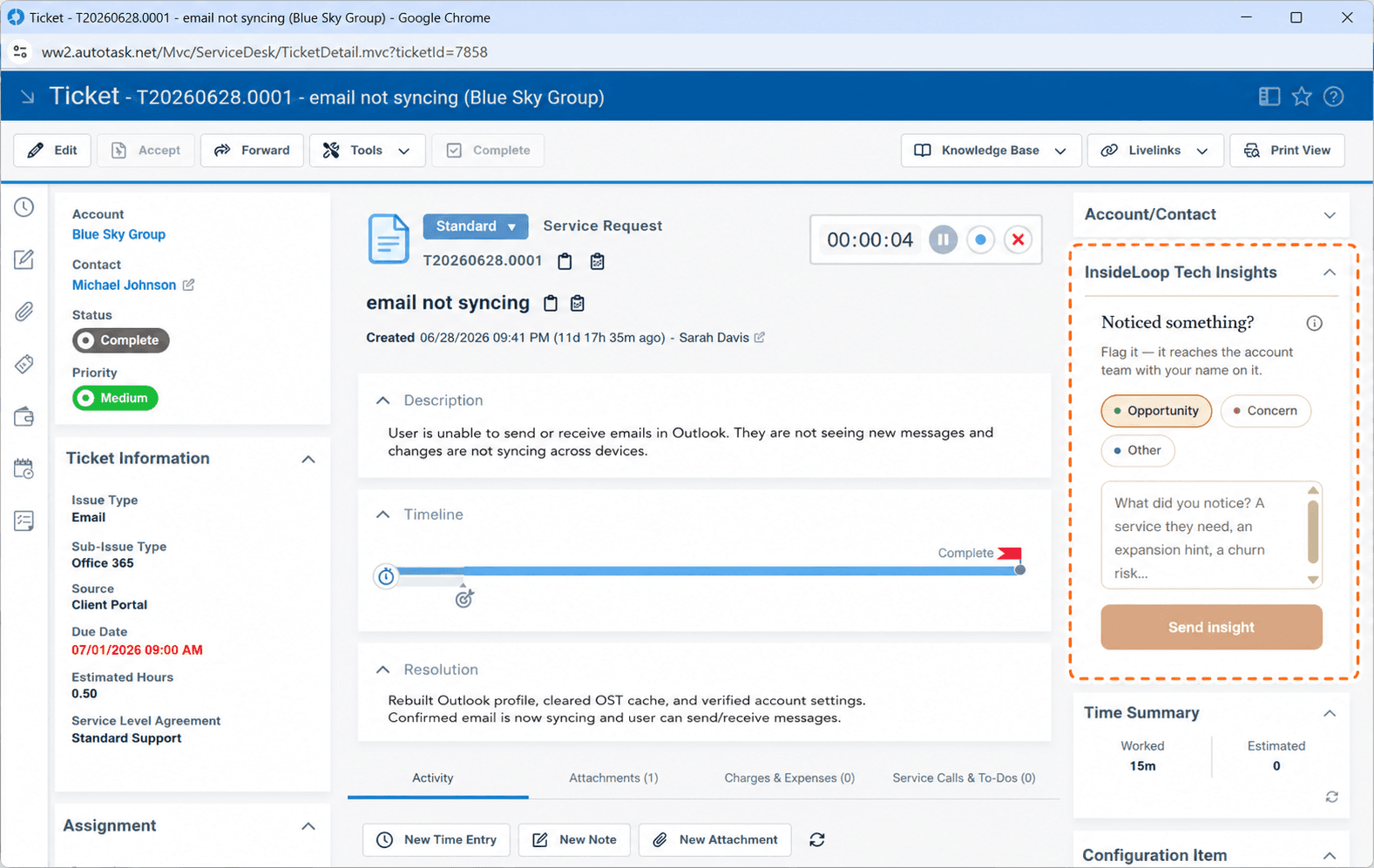 Technician insight panel inside an Autotask ticket for flagging risks and opportunities